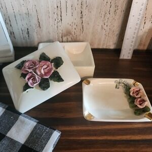 Vintage 50s Lefton China Trinket Tray /Jewlery Box Set Ivory with Pink Roses